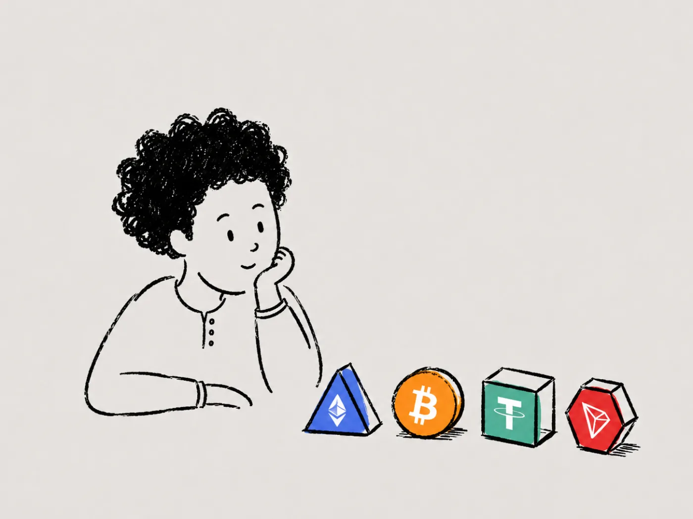 Curly-haired character resting their chin on their hand, looking at a row of crypto blocks — Ethereum pyramid, Bitcoin coin, Tether cube, TRON hexagon