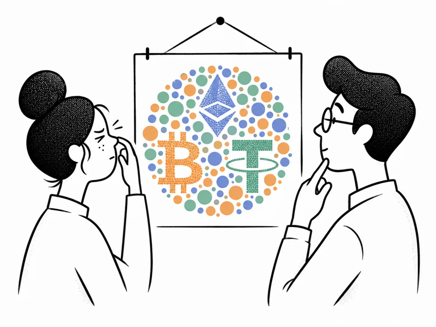 Two people studying a colorful poster of BTC, ETH and USDT logos