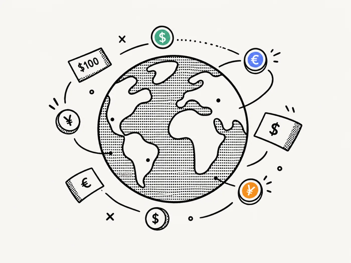 A dotted globe surrounded by floating currency bills and coins — dollar, euro, yen — connected by dotted orbit lines
