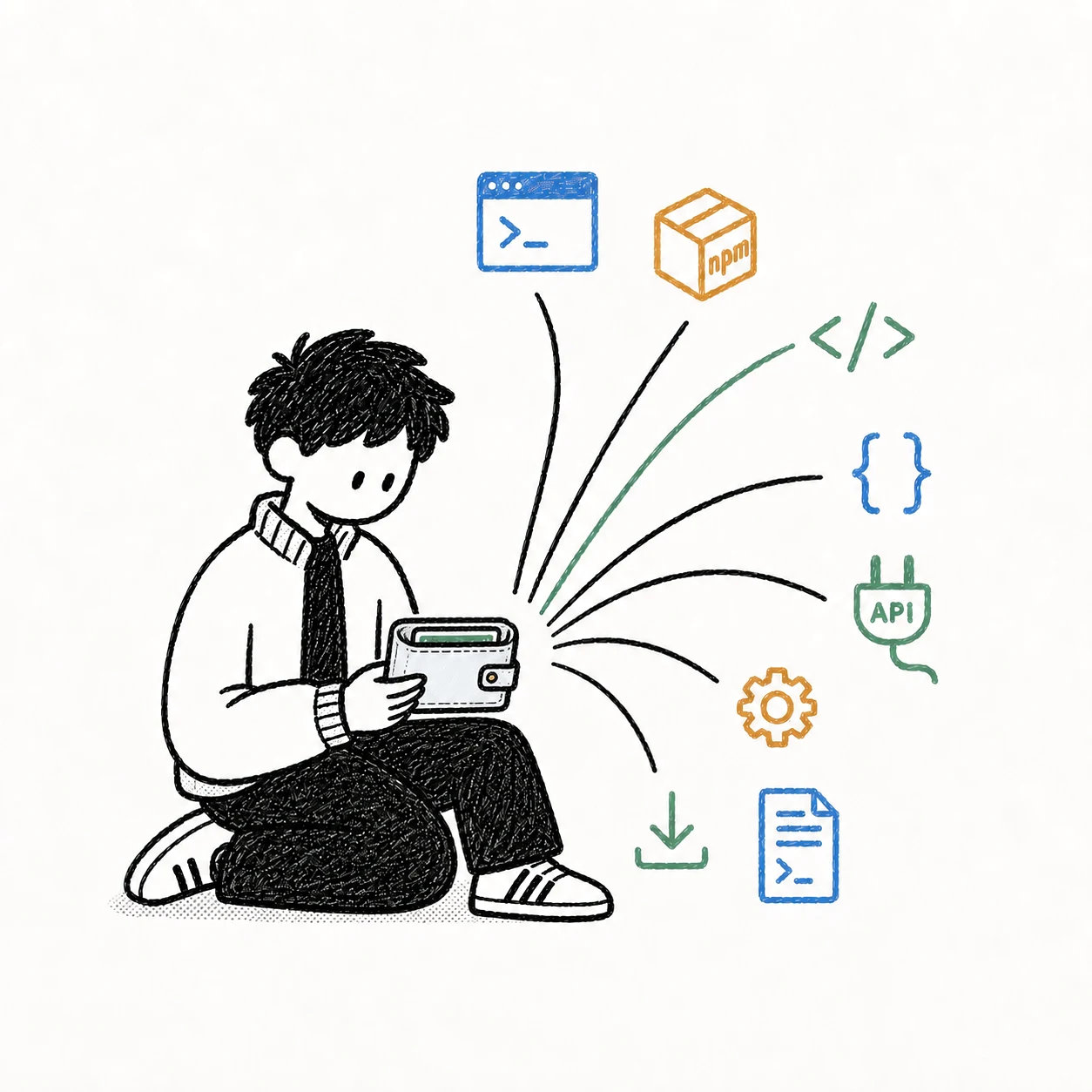 A developer sitting with a Guveno wallet, surrounded by CLI, npm, code, API, config and docs icons