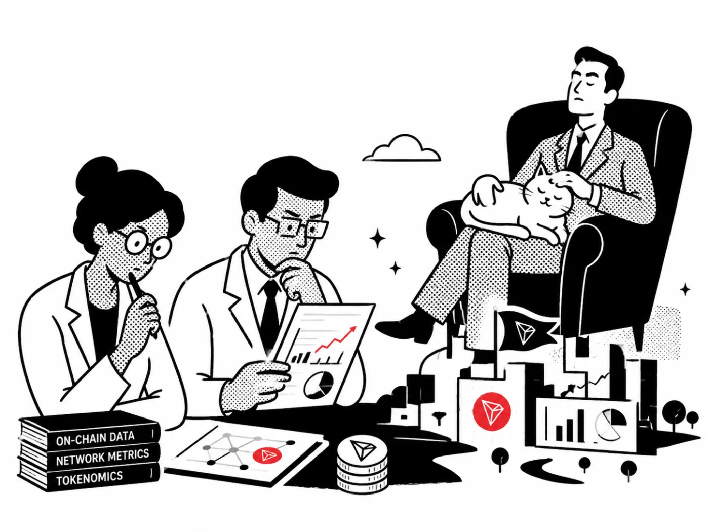 Analysts reviewing on-chain reports while an executive reclines with a cat over a city of charts
