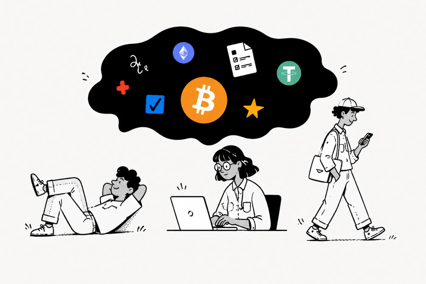 Three people in different moments — relaxing, working at a laptop, walking — sharing a thought cloud of crypto and finance icons