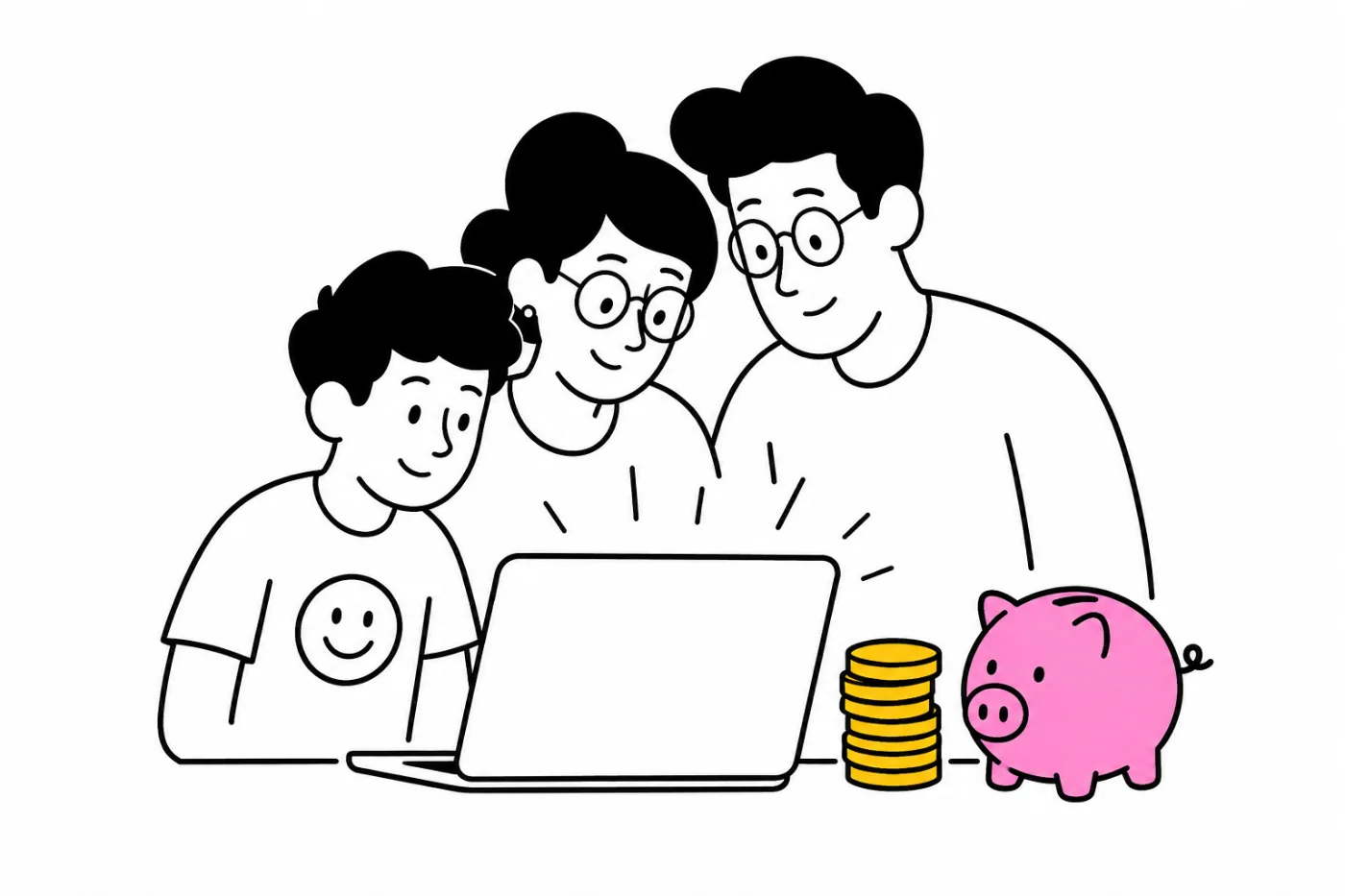 Family gathered around a laptop with a stack of coins and a pink piggy bank