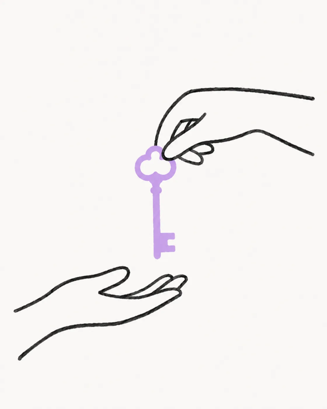 One hand passing a purple key down to another open hand