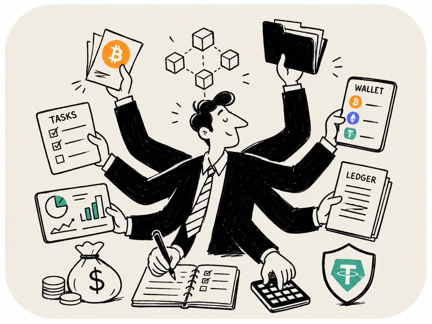 Business person juggling tasks, charts, ledgers, wallets and crypto coins