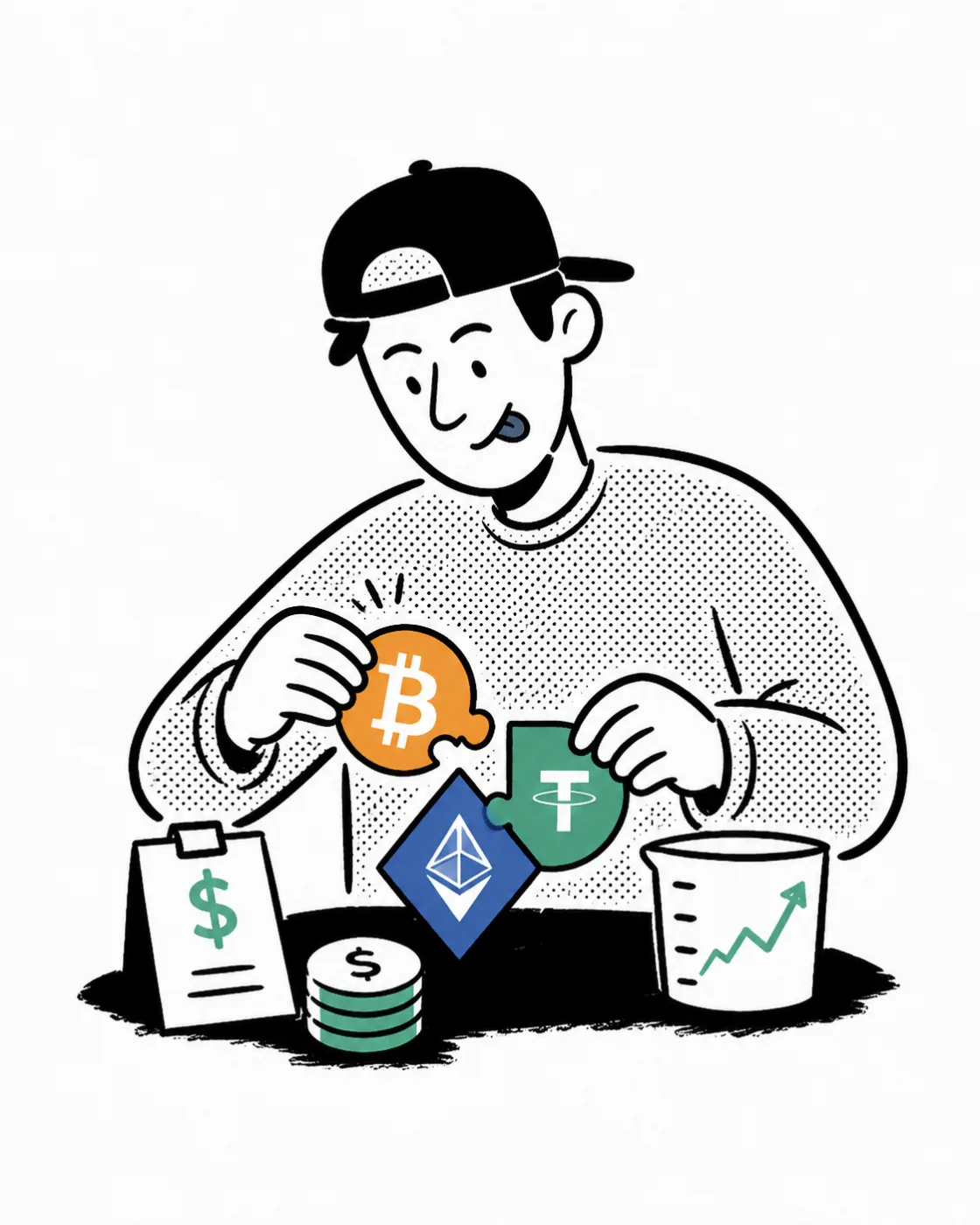 A person in a backwards cap putting together BTC, ETH and USDT puzzle pieces with a dollar receipt, coin stack and a pro-chart cup