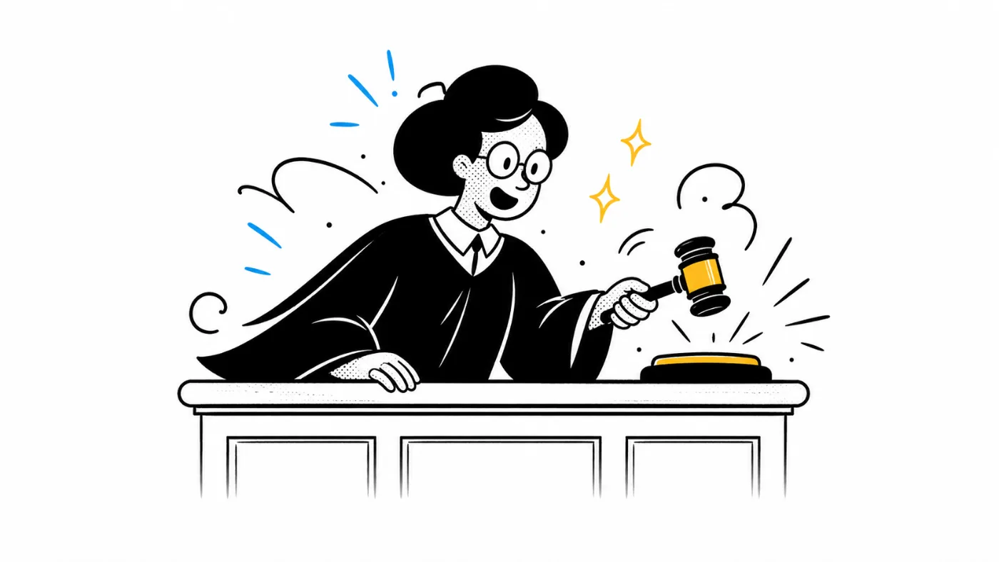 Judge in robes banging a gavel with sparkles and motion lines