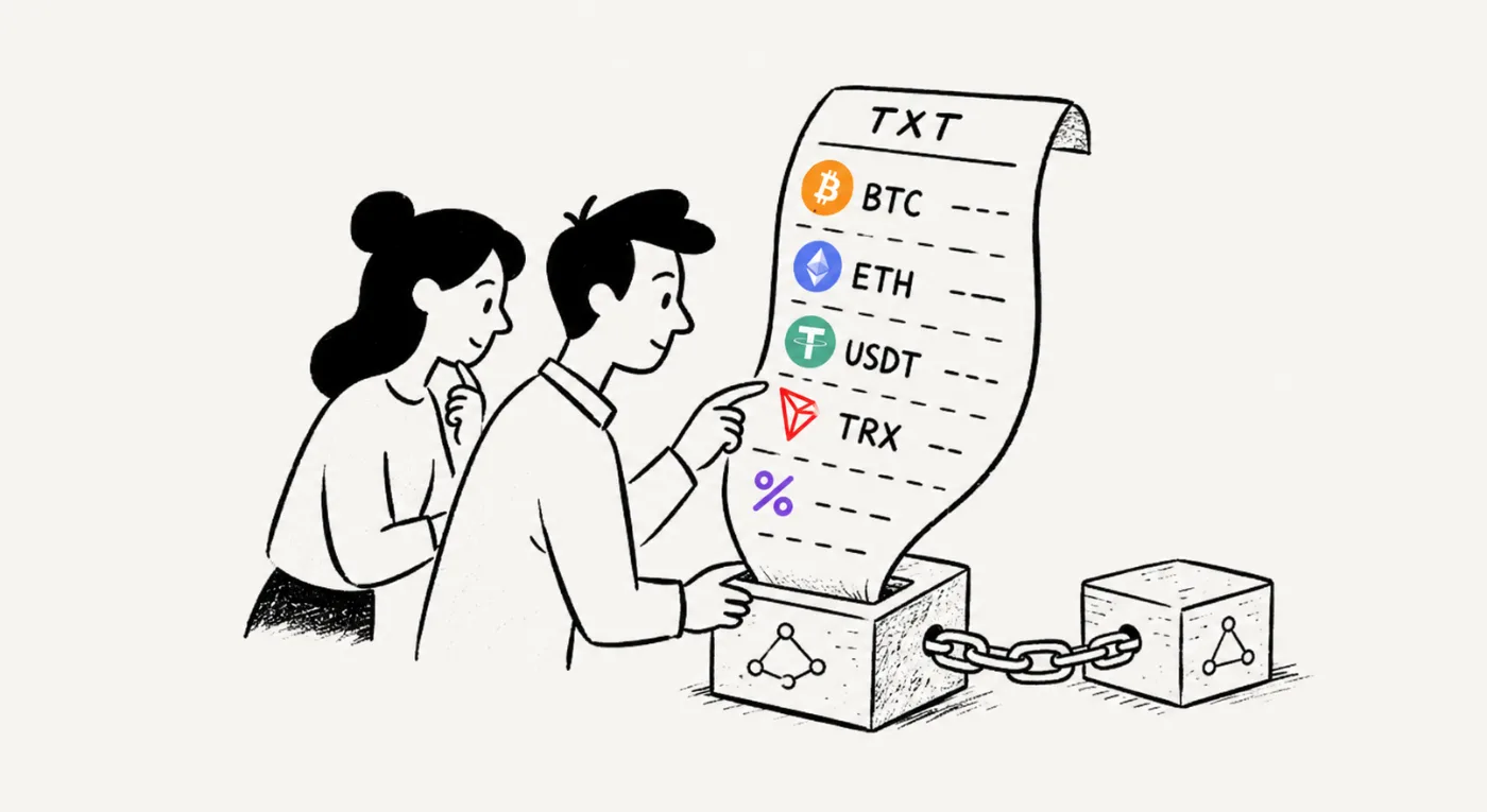 Two team members reading a long crypto ledger with BTC, ETH, USDT and TRX line items dropping into a chain of blocks