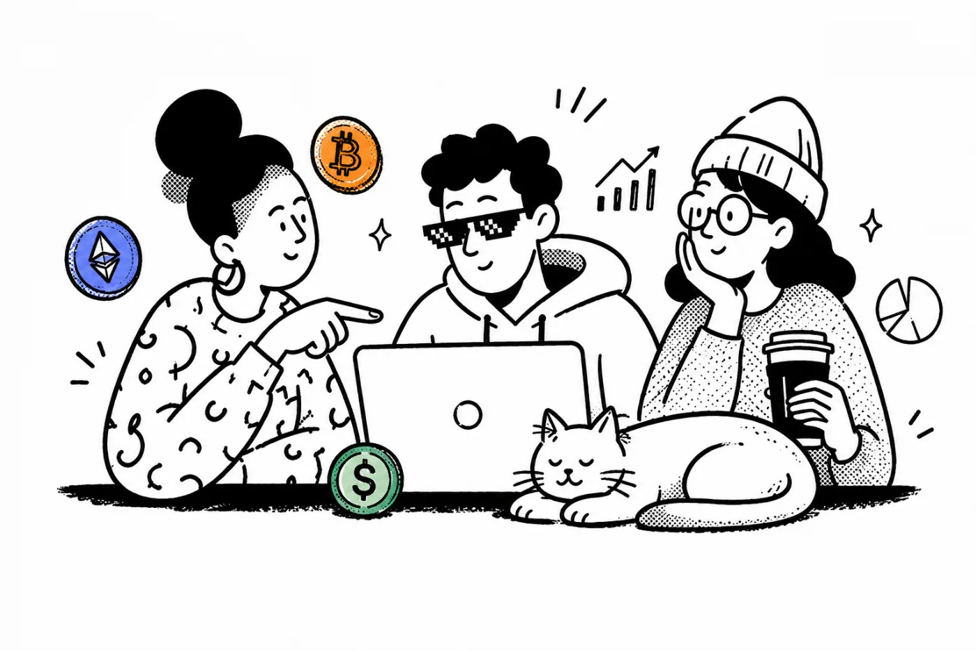 Three people working together on a laptop with a cat, surrounded by BTC and ETH coins and pro charts