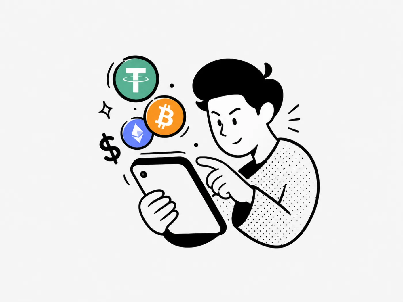 Person tapping a tablet with BTC, ETH and USDT coins floating above