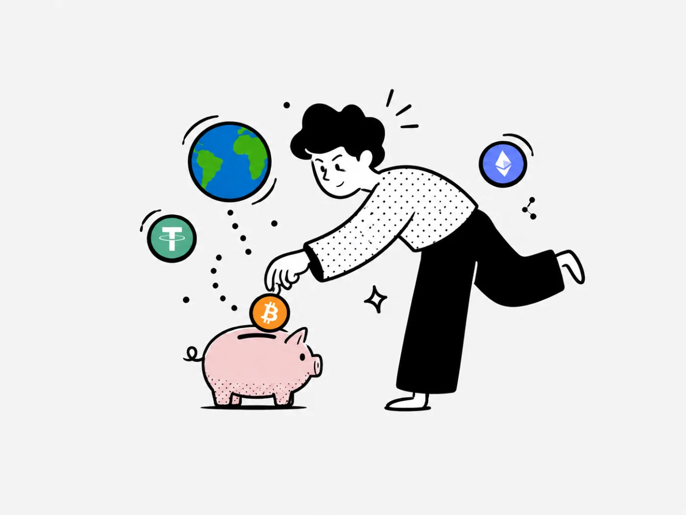Person dropping a BTC coin into a pink piggy bank with a globe and USDT/ETH icons nearby