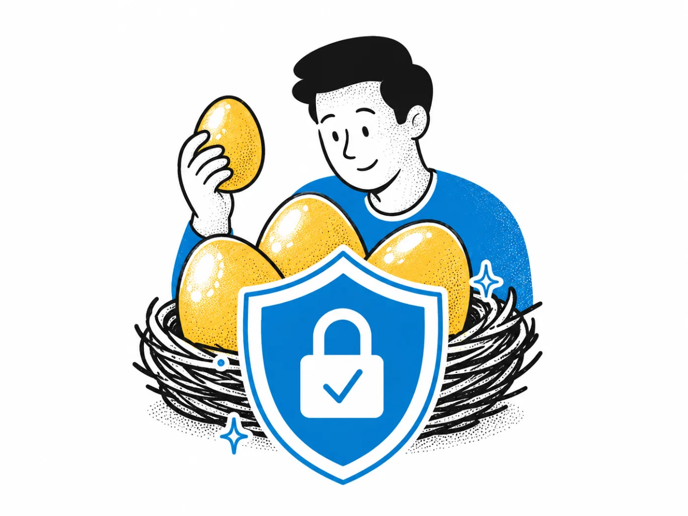 Figure cradling golden eggs in a nest with a shield-and-lock badge