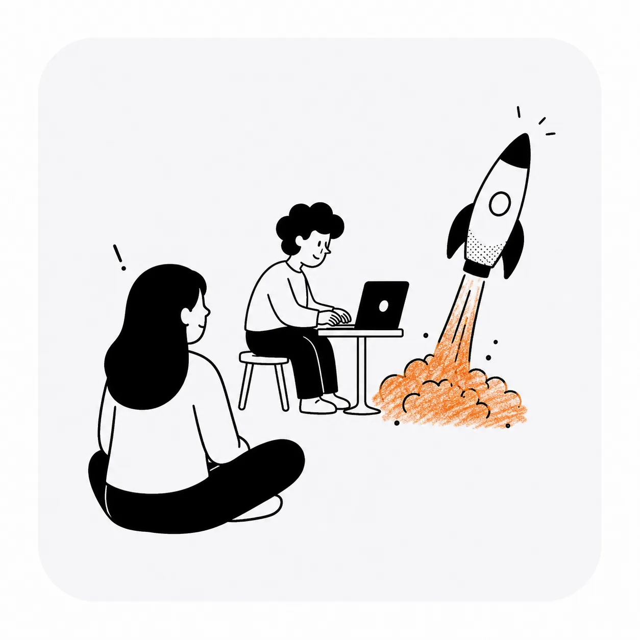 Teammate at a laptop watching a rocket lift off with an orange exhaust plume