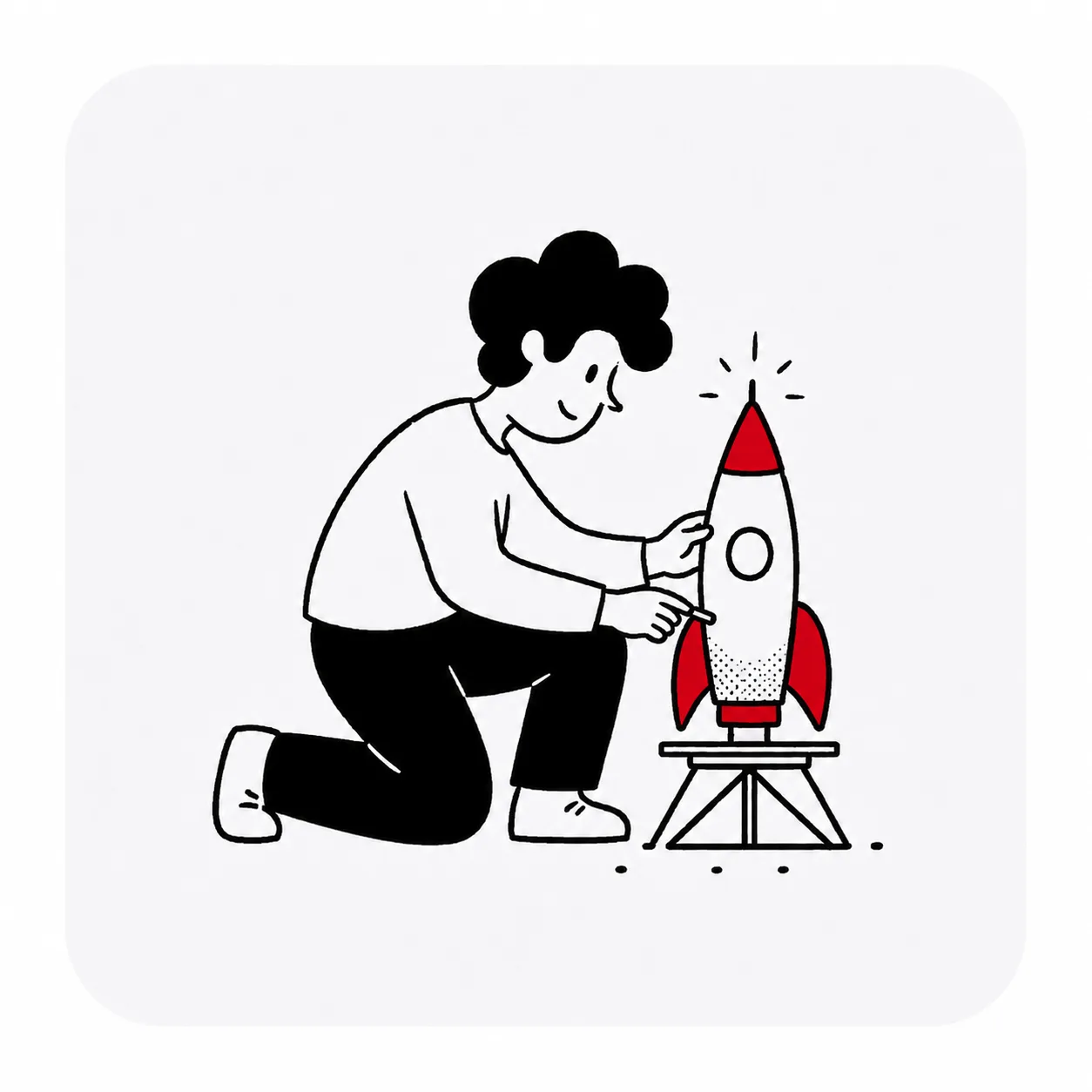 Engineer kneeling beside a rocket on a launchpad, ready to ignite