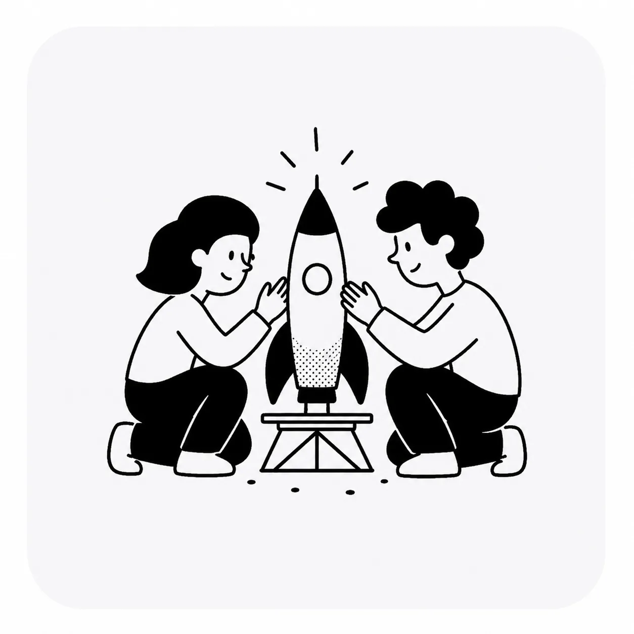 Two teammates kneeling beside a rocket on a launchpad, preparing to launch