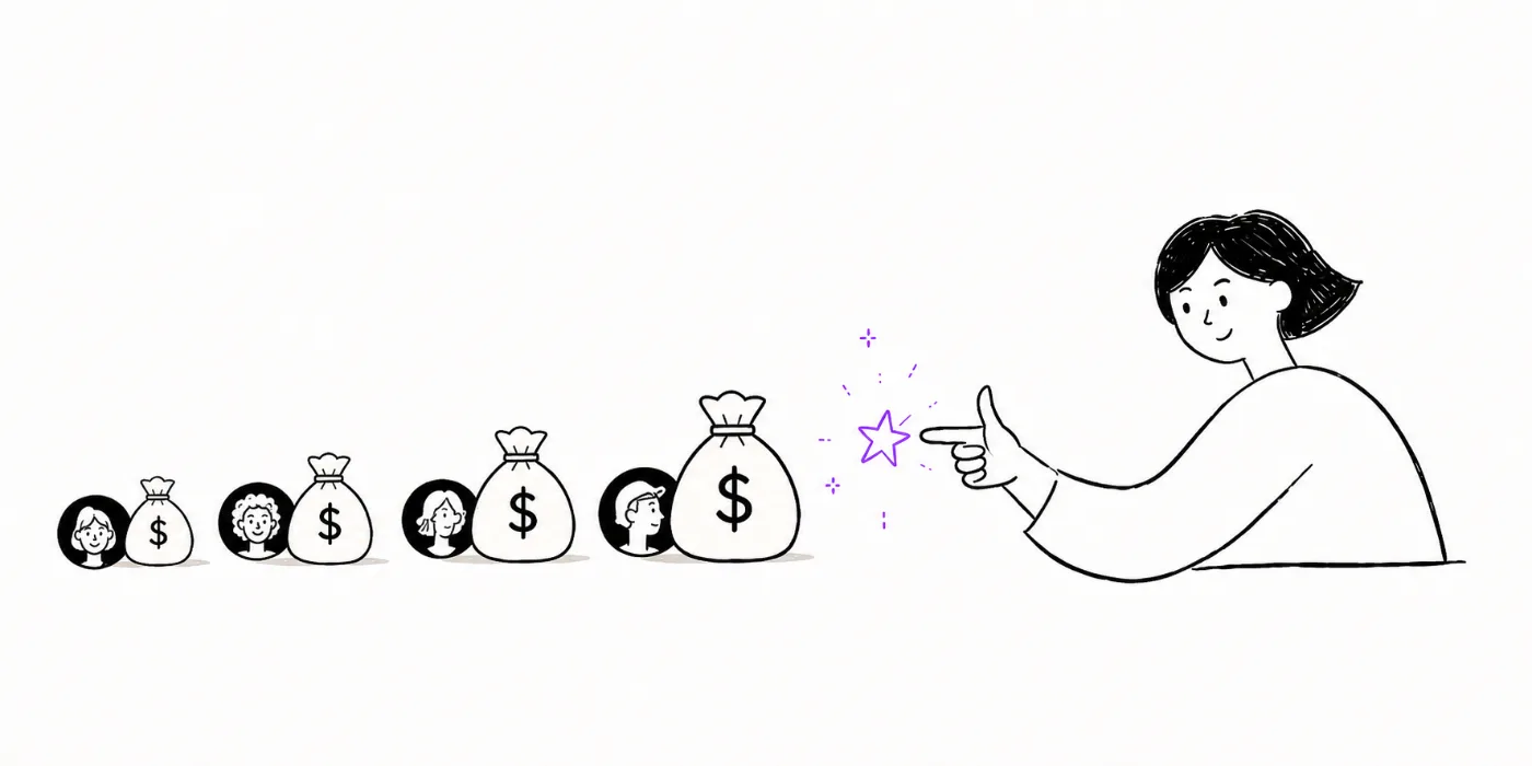 A magician casting a star spell over four mini avatars, each receiving a money bag