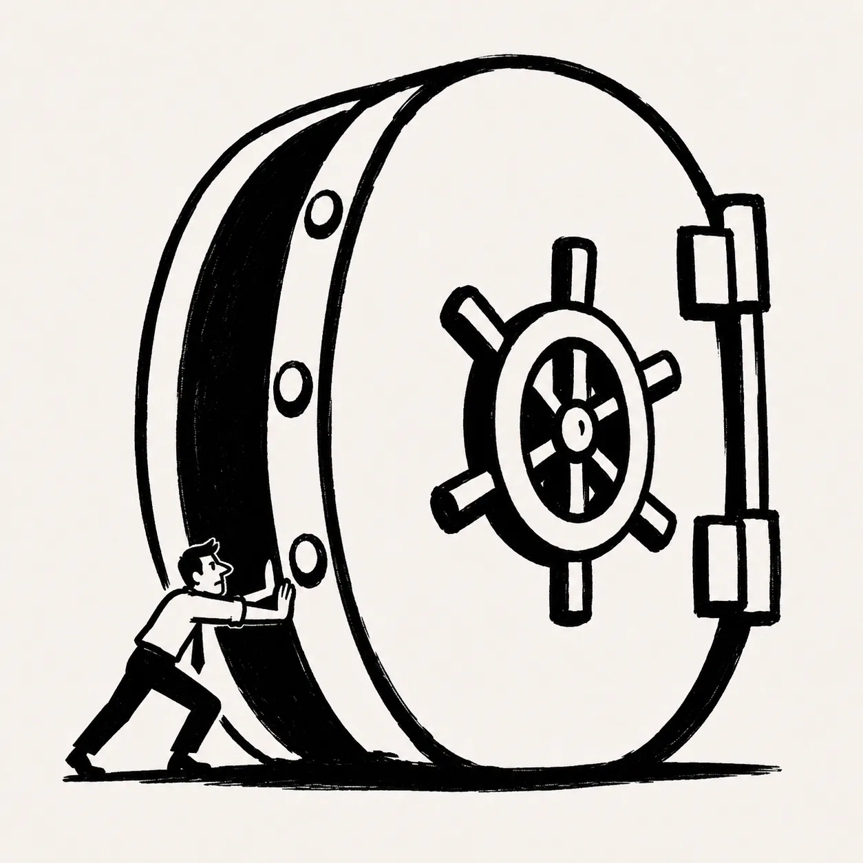 A small business person leaning into a giant ship-wheel vault door, pushing it open with ease