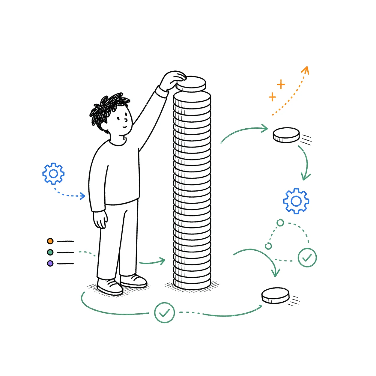 A person stacking a tall tower of coins while automated flows route coins through gears, checks and a growth curve