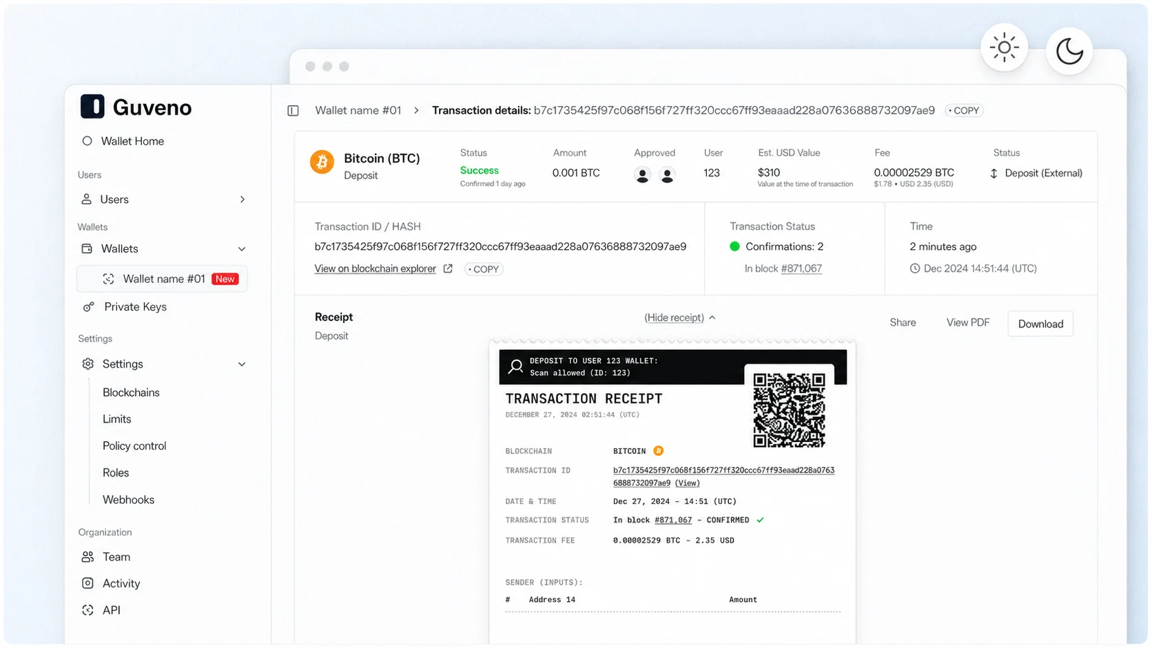 Guveno wallet — transaction details for a Bitcoin deposit, with sidebar, transaction hash, status, value, fee, a printable receipt with QR code and a light/dark theme toggle